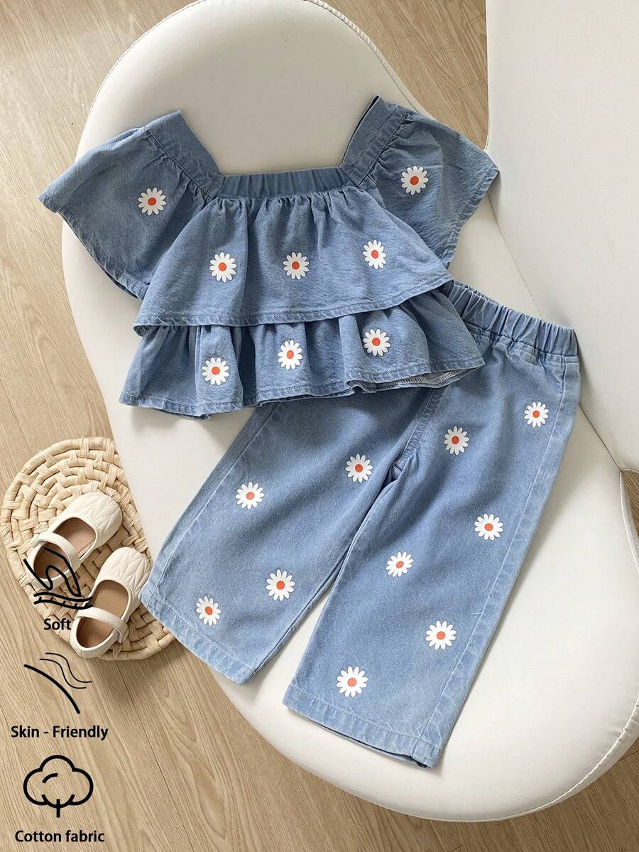 SHEIN Playful Pals 女婴牛仔两件套：花卉刺绣荷叶边宽松露脐上衣 + 基础款刺绣宽松直筒牛仔裤，柔软棉质牛仔面料，休闲街头风，2026春夏新品 - 中等水洗藍 - 查看 1