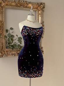 Lovelzi Elegant Luxurious Velvet Black Strapless High Waist Slim-Fit Bodycon Mini Dress With Rhinestone Embellishments,Suitable For Parties,Weddings&Formal - Navy Blue - View 5
