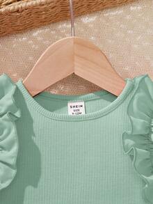 SHEIN Newborn Baby Girl Cute Summer Red Ruffled Romper - Green - View 5