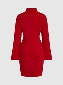 Olithes Women's Elegant Red Autumn Party Qipao Style Mini Dress,Chinese Cheongsam Button-Up Bodycon Cocktail Dress,Long Bell Sleeve Split Pan Buckle Design - Fiery Red - View 2