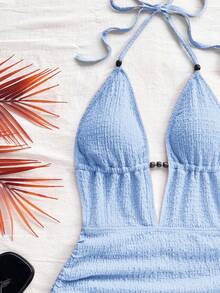 Soleia Women's Solid Color Deep V Neck Ruched Sexy Halter Mini Dress,Summer Dress,Vacation Dress,Summer Dresses For Women - Baby Blue - View 3