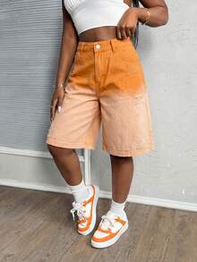 Slaydiva Women's Summer Casual Washed Gradient Ripped Denim Shorts - Orange - View 1