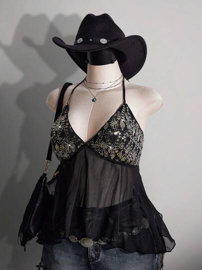 SHEIN ICON Plus Size Women's Spring/Summer Retro Sexy Casual Street Fashion Individualistic Avant-Garde Bold Millennial Style Y2K Grassland Music Festival Outfit Sequin Embroidery Patchwork Chiffon Semi-Sheer Black V-Neck Halter Neck