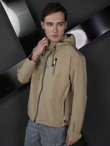 Logeqi® Hombres Chaqueta con capucha impermeable y cortavientos de Color Cafe, Caqui,Negro Choque de colores en paneles - Caqui - Ver 4