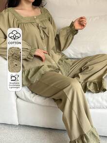 DAZY Sweet Square Collar Embroidered Lace Patchwork Ruffle Trim Women Pajama Set - Khaki - View 6