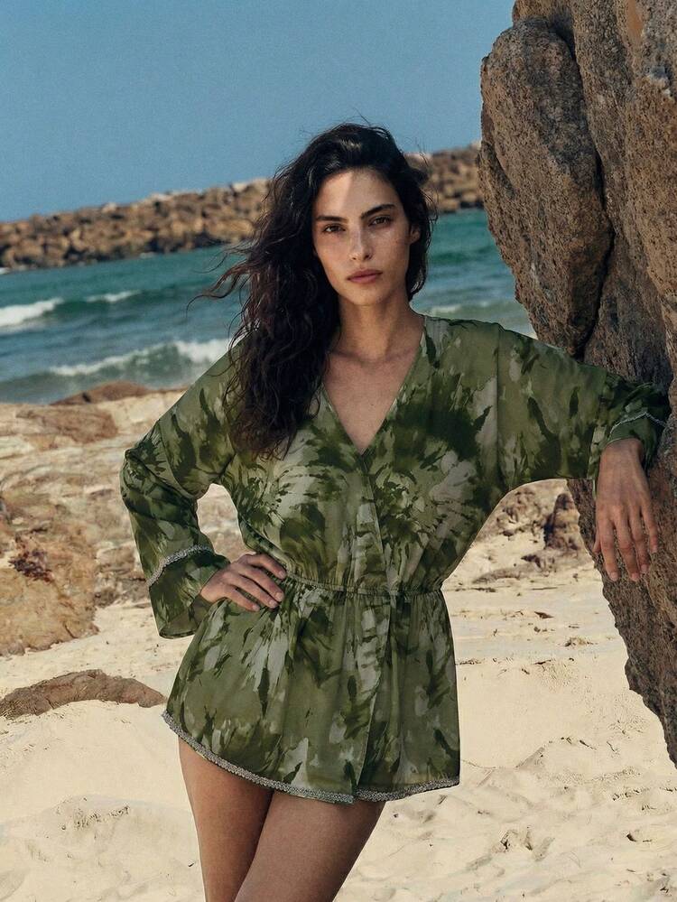 SHEIN Maija Women's Tie-Dye V-Neck Long Sleeve Cover-Up Green Sage Green Olive Green,Vacation Outfits Women,Summer Holiday Outfits ,Beach Vacation Outfits For Women Resort Wear Women Green Vacation Outfit Women's Beach Outfits Women's Holiday Co Ord Playsuits For Women Holiday Women's Holiday Clothes Women's Spring Dress Cover Ups For Swimwear