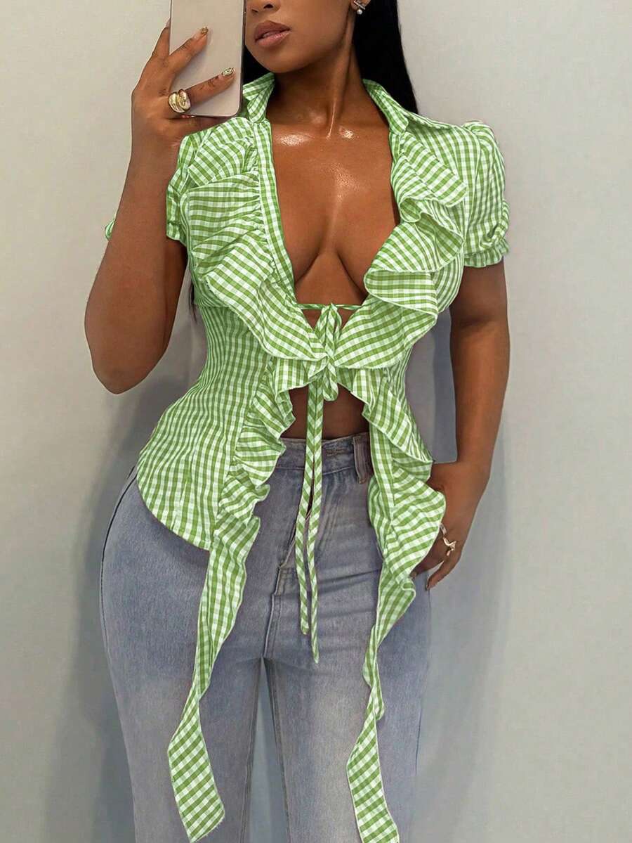BamGleam Blusa de manga corta con volantes y estampado de cuadros, versátil y de uso diario, ideal para verano, vacaciones, playa y días festivos - Verde - Ver 1