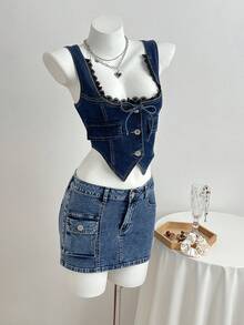Elamini Y2K Fashion Casual Retro Sexy Cargo Pocket Low-Waist Denim Mini Skirt - Medium Wash - View 4