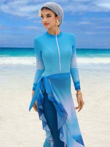 Swim Shayni Completo da donna in 3 pezzi con design a chiusura lampo avvolgente e effetto Tintura a nodi, adatto per surf, spiaggia e vacanze - Multicolore - Visualizzare 1