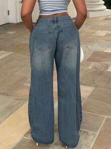Alexandranx 女式做旧水洗宽松阔腿牛仔裤，宽松牛仔裤 - 藍色 - 查看 2