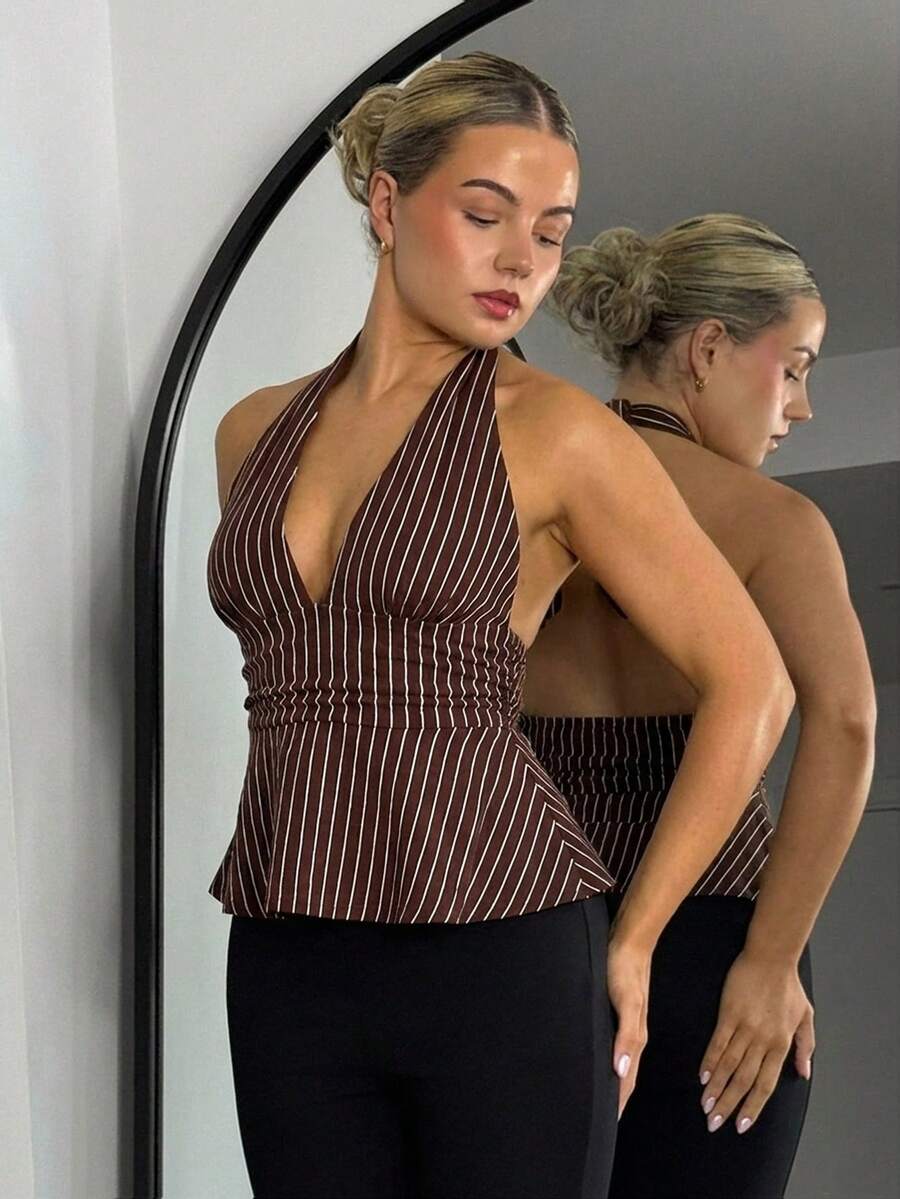 Bethéva 露背深 V 领收腰 A 字形露背条纹背心 - 棕色 - 查看 1