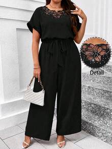 SHEIN Clasi 大码优雅圆领连体裤，配腰带和阔腿设计，适合女性办公室穿着 - 黑色 - 查看 1