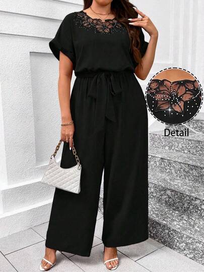 SHEIN Clasi Plus Size Elegant Round Neck Jumpsuit With Waist Belt & Wide Leg,Office Outfits For Women Office Attire For Women Work Outfits For Women Work Tops For Women Jumpsuits For Woman Jumpsuits For Woman Elegant Summer Outfits For Women Summer Clothes Summer Vacation Outfits Summer Outfits For Woman Summer Clothes Women Shirts Suitable For Various Occasions, Such As: Commuting To Work, Casual Wear At Home, Going For A Walk, Visiting Neighbors And Friends, And Shopping.