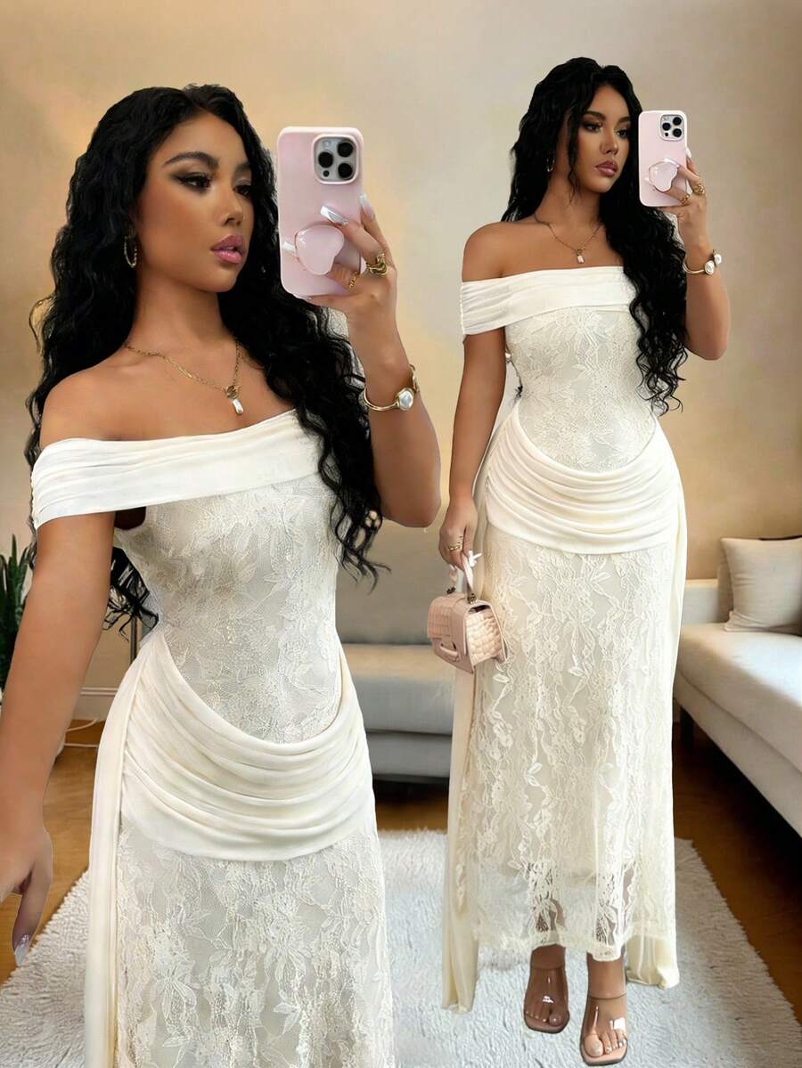 SHEIN Raffinéa 女士露肩网纱拼接腰部蕾丝优雅长裙 - 杏色 - 查看 1