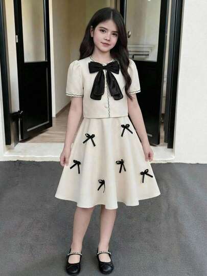 2pcs/Set Girls Elegant School Style Outfit, Includes Solid Color Dress With Bow And Butterfly Trim Jacket, Suitable For Daily, School, And Outing Wear Dress With Bows Beige Dress For Girls