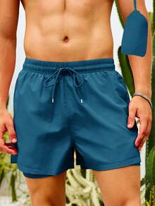 CoralVoy Men's Solid Color Double-Layer Drawstring Waist Beach Shorts, Holiday - Dark Green - View 5
