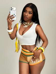 BamGleam Women's Tight Cropped Tank Top And Striped Shorts 2 Pieces Set - White - View 7