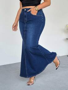 Firerie Falda midi elegante de mezclilla con cintura alta y bolsillos para mujer de talla grande - Azul - Ver 4