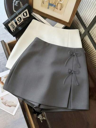 Franclia Women's Spring/Summer New Gray Bow Decor Slit Hem Short Skirt, Suitable For Commuting, Holiday, Casual, Work Tie Skirt Skort Gray Skirt Women Skorts Micro Skirt