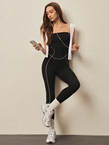With My Calm Women's Sporty Casual Contrast Trim Bandeau Jumpsuit - Multicolor - View 4