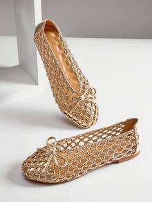 SHUZIA 女士优雅编织PU芭蕾平底鞋 - 金色 - 查看 6