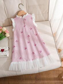 SHEIN 新款夏季女童连衣裙，优雅单件设计，荷叶边领口，无袖撞色网纱裙摆，公主风连衣裙，适合日常穿着、派对、旅行等场合。 - 粉色 - 查看 2