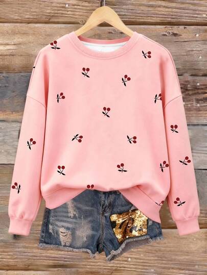 Resyla Women's Round Neck Sweatshirt, Cherry Print Pattern Design, Elegant Vibe, Casual, Outdoor/Travel Wear, Comfortable