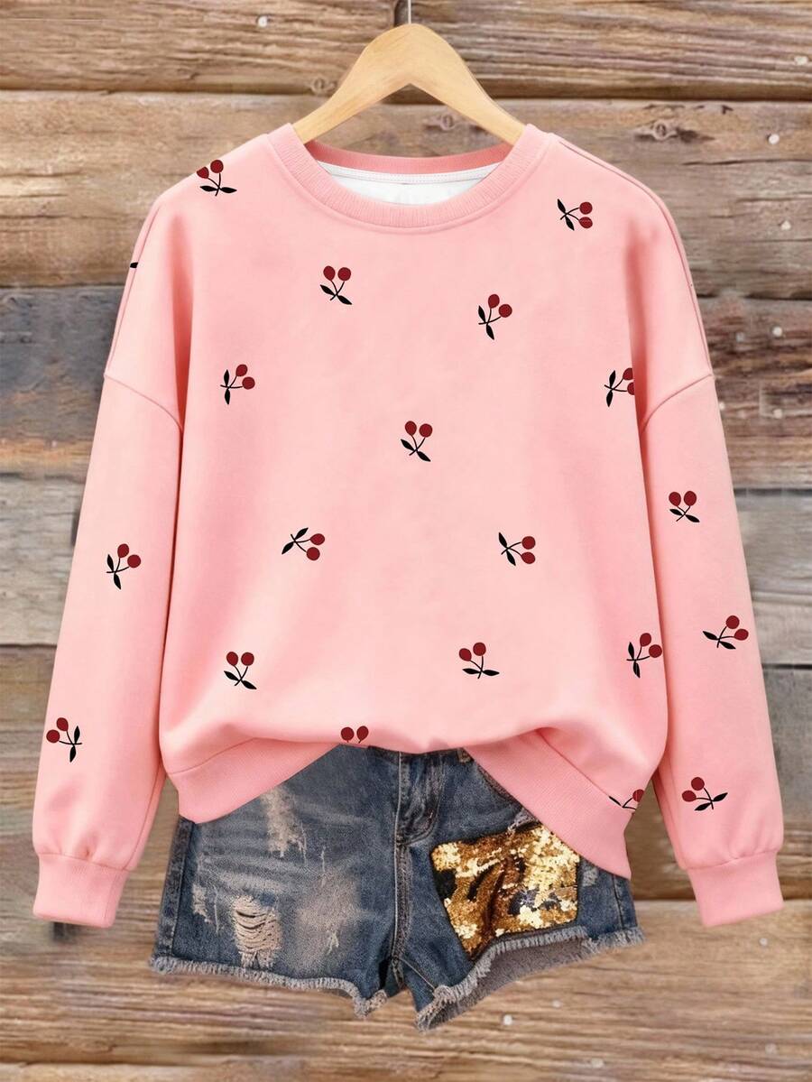 EMERY ROSE 女士圆领卫衣，樱桃印花图案设计，优雅气质，休闲舒适，适合户外/旅行穿着。 - 淺粉色 - 查看 1