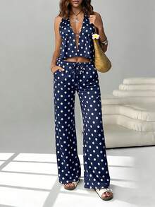 SHEIN EZwear Bộ 2 món: Áo hai dây hở lưng buộc nơ màu xanh chấm bi và quần ống rộng có dây rút, thích hợp cho hộp đêm, kỳ nghỉ, bãi biển, tiệc tùng, Hawaii và các dịp khác. - Nhiều màu - Xem 6