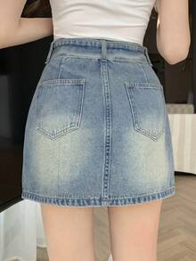 DAZY 女士休闲水洗腰带牛仔A字裙，春夏款 - 中等水洗藍 - 查看 2