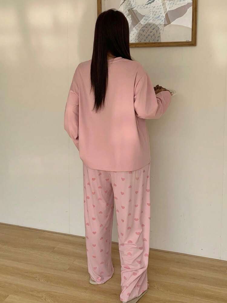 Dazy Plus 2pcs/Set Cute Cat Cartoon Print Long Sleeve Top & Heart Print Pajama Pants, Casual Sleepwear Set For Girls