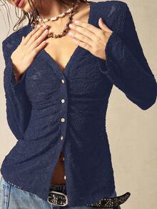 Bohemela 休闲纯色针织蕾丝喇叭袖修身女式上衣 - 藏蓝色 - 查看 2