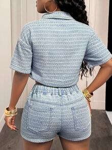 Slaydiva 女士短袖单排扣口袋休闲牛仔衬衫 - 淺色水洗藍 - 查看 2