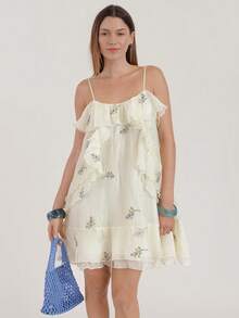 Đầm ngắn nữ màu mơ thêu bèo nhún, đầm hai dây không tay, đầm đi nghỉ mát. - Màu be - Xem 9