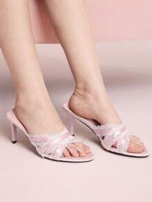 CUCCOO DOLLMOD Zapatillas de tacón alto de satén y encaje elegantes para mujer, sandalias rosas de tacón alto lindas y dulces - Rosa - Ver 1