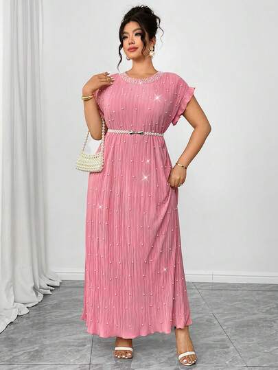 Elenzga 大码女士粉色浪漫情人节连衣裙，圆领珍珠装饰，3D褶皱面料，优雅适合派对、下午茶、鸡尾酒会、通勤、情人节约会、假日、新年等场合。
