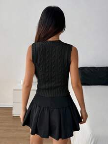 SHEIN PETITE 女式V领扭纹休闲针织骑士图案背心，秋冬 - 黑色 - 查看 2