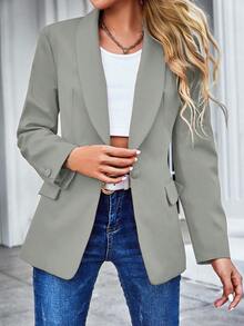 EURMUSE Shawl Collar Single Button Blazer Workwear  - Army Green - View 7
