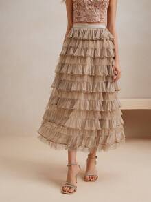 Anewsta 女士高腰多层薄纱珍珠装饰中长裙 - 卡其色 - 查看 7