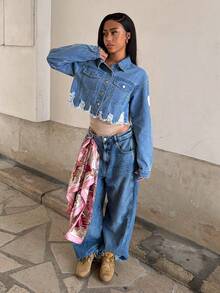 StreetHx Fashionable Casual Sports Street Style Distressed Print Letter Denim Jacket - Light Wash - View 6