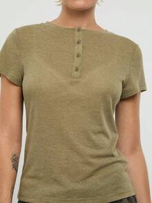 COUREZ Short Sleeve Shrunken Sheer Henley Top/Y2K Spring Clothes For Women Green Tops Summer Tops Going Out Tops Spring Break Outfits Summer Outfits - Green - View 7