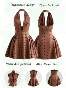 Pariaura 2026 New Women's Satin Polka Dot Halter Neck Backless Mini Dress - V-Neck Ruched Flared Hem Spring Summer Party Dress - Brown - View 7