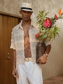 AKNOTIC Business Casual 男士卡其色针织几何条纹流苏宽松落肩休闲短衬衫，适合日常穿着、通勤、夏季、度假、派对、婚礼、情侣装、男友礼物、沙滩装、复古风 - 杏色 - 查看 4