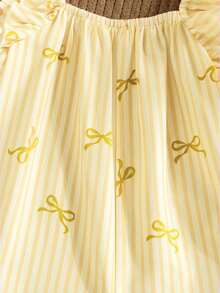 Baby Girl Summer Cute Yellow & White Striped Bow Ruffle Romper - Yellow - View 4
