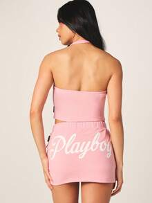 Missguided x Playboy 粉色迷你裙，饰有字母Logo系带，高腰罗纹休闲夏季裙 - 粉色 - 查看 5