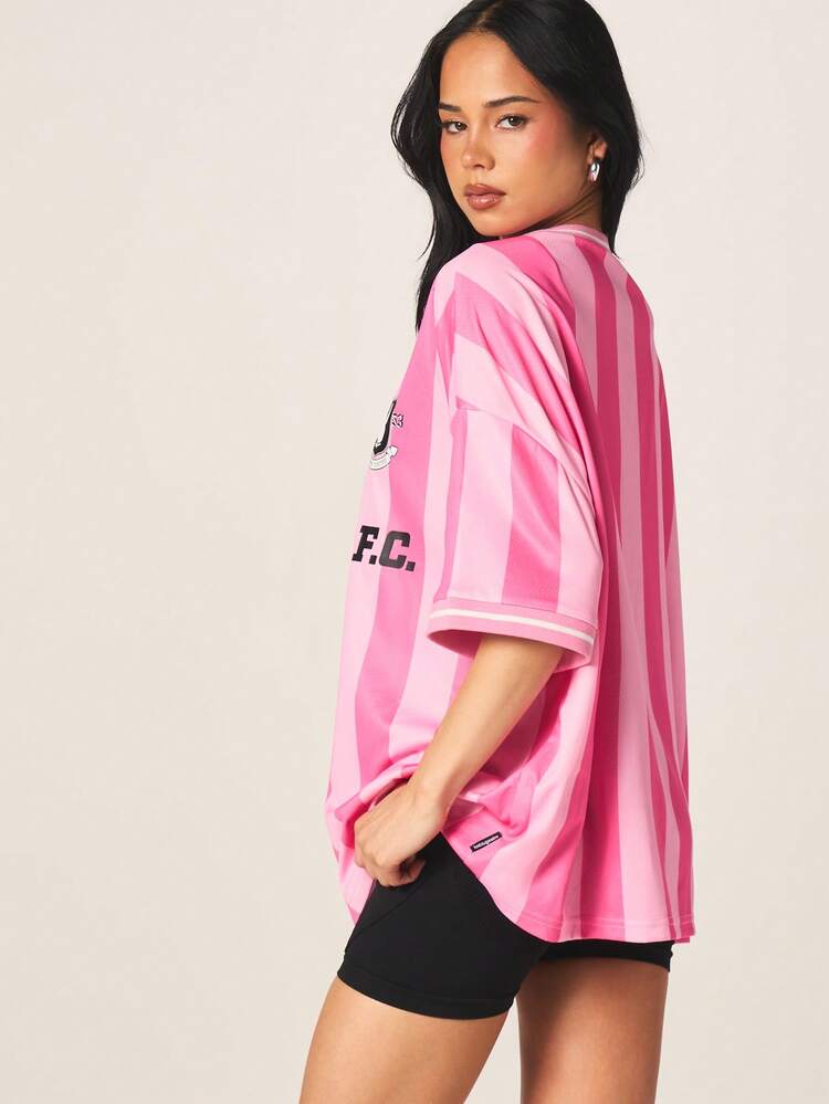 Missguided x Playboy Striped Oversized Pink Football Jersey Style T-Shirt With 1953 Logo And Crew Neck For Casual Streetwear