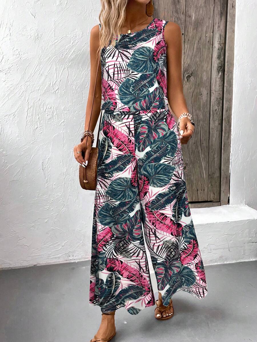 EMERY ROSE 波西米亚风复古印花圆领露脐上衣和阔腿裤两件套休闲沙滩装女装 - 彩色 - 查看 1