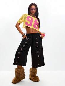 Coolane Women's Spring/Summer Streetwear Y2K Daily Wear Knit Grommet Eyelet Black Straight Leg Midi Wide Leg Sweatpants - Black - View 4