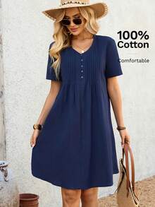 EMERY ROSE Đầm ngắn tay ngắn cổ chữ V xếp ly, màu trơn, đơn giản, thích hợp mặc hàng ngày đi làm, dành cho nữ. - Màu xanh lam - Xem 1