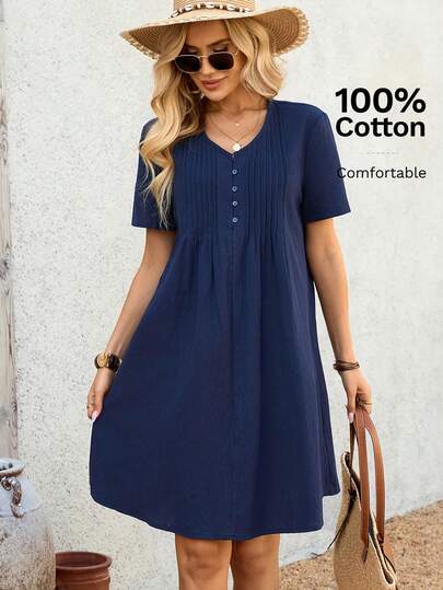 EMERY ROSE Women's Casual Everyday Commute Simple Solid Color V-Neck Short Sleeve Fold Pleated Short Dress Casual Dresses For Women Boho  Vacation Dresses  Vacation Outfits For Women Holiday Outfits Blue Summer Dress Women Short Sleeve Summer Dress Women Vacation Dress Solid Color Dress Women Casual Dress Vacation Dresses Summer Holiday Outfits  Casual Dresses For Women Going Out Outfits  Beach Vacation Outfits For Women  100 Cotton Dress Short Sleeve Dress Summer Vacation Dress Plaid Dress